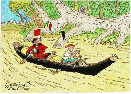 Wasterlain, Marc - Dessin original en couleur - Hommage Ã  Hergé - Oreille cassée - Jeannette Pointu et Docteur Poche - (2016) | Catawiki