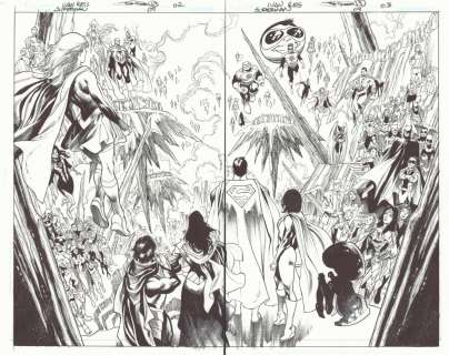 Joe Prado - superman #9 pgs. 2 & 3 - superman, supergirl, batman, wonder woman, shazam captain marvel, aquaman, flash, cyborg, starfore, green lanterns, and many more heroes dps - blue line ink art only of ivan reis pencils - 2019
