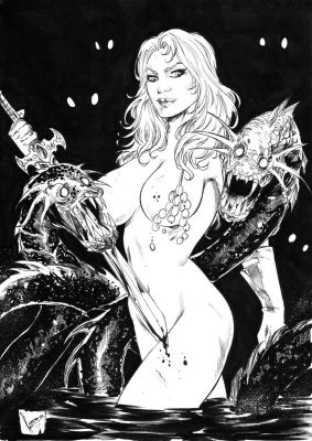 Leoartcomics(Léo Oliveira) | Red Sonja and Sea Creatures Original Art 09"x12" | Raremarq (Buy It Now)