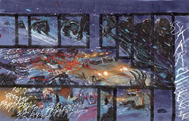 Bill SIENKIEWICZ - Doppia tavola originale per 30 DAYS OF NIGHT beyond barrow . Dimensioni totali Cm. 43 x 28. IDW Publishing. Anno di esecuzione 2008. Pag. 18-19.