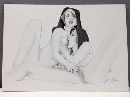 The Convent - Original Sexy Illustration - Two Lesbian Nuns, Signed - Loose page - First edition | Catawiki