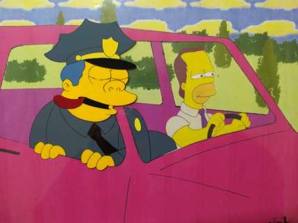 The Simpsons - 2 Animation cels of Clancy Wiggum - Episode ’Homer’s Barbershop Quartet’ (1993) - Unique, used for the production | Catawiki