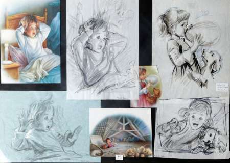 Marlier Marcel | Â«Drôles de FantômesÂ». Ensemble de 4 pages de crayonnés Ã  | Tessier Sarrou