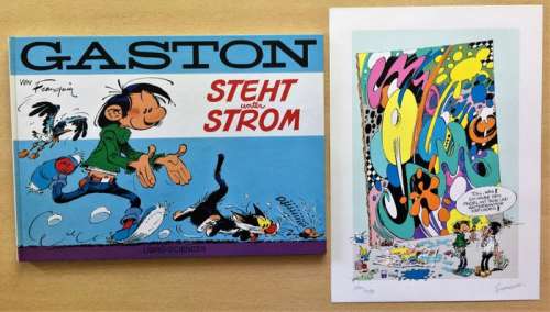 André Franquin | André Franquin - Gaston steht unter Strom + Farbdruck (signiert) - (Gaston Lagaffe - Rempile et désopile) - Cartonné - EO - (1989/1992) | Catawiki