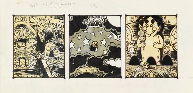 Paul Pope | Giant THB Parade, (from left to right) Page 7, Page 9, Page “Do not use”, 1996 | Philippe Labaune Gallery