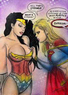 Alvin Silvrants | Wonder Woman and Supergirl weird plastics - Original drawing in colour by Alvin Silvrants | Catawiki