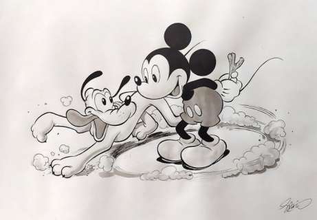 Sergio Garrido | Mickey Mouse, Pluto - Â¿DÃ³nde estÃ¡ el palo, Pluto? - Dibujo original firmado por Sergio Garrido - (2019) | Catawiki