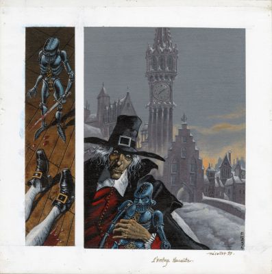 Jean-Michel Nicollet | ILLUSTRATION ORIGINALE DE COUVERTURE ET DE QUATRIÈME DE COUVERTURE POUR LA MÉCANIQUE DU DIABLE | Galerie Barbier