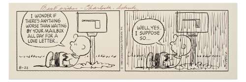 Original ’’Peanuts’’ Strip Hand-Drawn by Charles Schulz from 1990 -- Charlie Brown Waits for a Love Letter | Nate Sanders