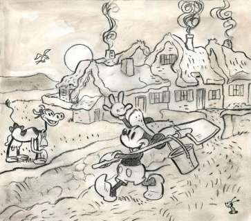 Tony Fernandez | Mickey Mouse inspired by Van Gogh’s "Thatched Cottages in the Sunshine: Reminiscence of the North" - Original Painting - Tony Fernandez Signed - Watercolor Art - 48 x 32 cm - Original Artwork | Catawiki