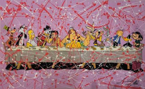 Di Matteo, Leonardo | Di Matteo, Leonardo - Dessin original couleur - Rencontre entre les héros de BD et de dessins animés | Catawiki