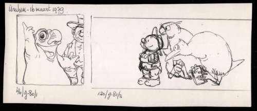 Dulieu, Jean | Paulus de Boskabouter - Originele pentekening - Paulus met Salomo, Oehoeboerie en betoverde kikker. - Page volante - (1979) | Catawiki