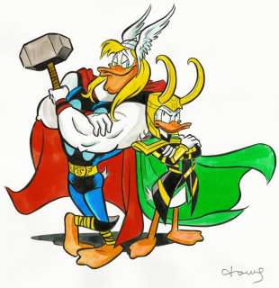 Tony Fernandez, Disney Artist | Donald Duck and Launchpad McQuack Inspired By Thor & Loki [Marvel Comics] - Original Painting - Tony Fernandez Signed - Acrylic Art - 50 x 36 cm - Original Artwork | Catawiki