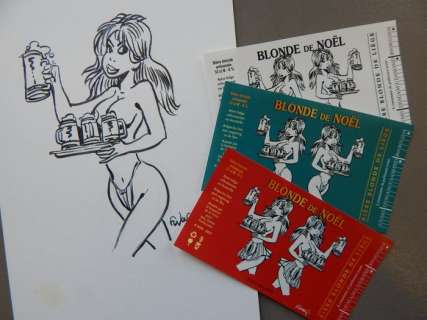 François Walthéry | Walthéry, François - Originele tekening - van het bieretiket "Blonde de Noël" + 3 bier etiketten - (2022) | Catawiki