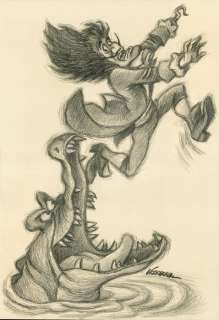 Joan Vizcarra | Captain Hook and Tick-Tock the Crocodile - Original Drawing - Joan Vizcarra - 48 x 32 cm - Pencil Artwork | Catawiki