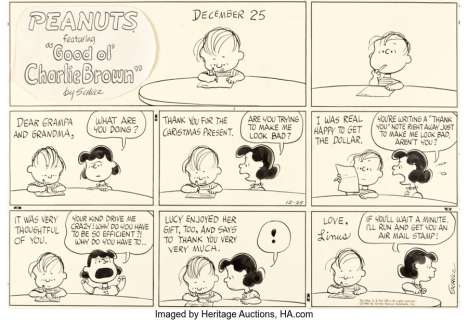 Schulz, Charles | Charles Schulz Peanuts Christmas Sunday Comic Strip Lucy and Linus Original Art dated 12-25-1966 (United Feature S... | Heritage