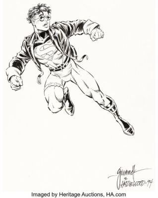 Tom Grummett and Doug Hazlewood Worlds Collide Poster Superboy Character Element Illustration Original Art (DC / Milestone, 1994).