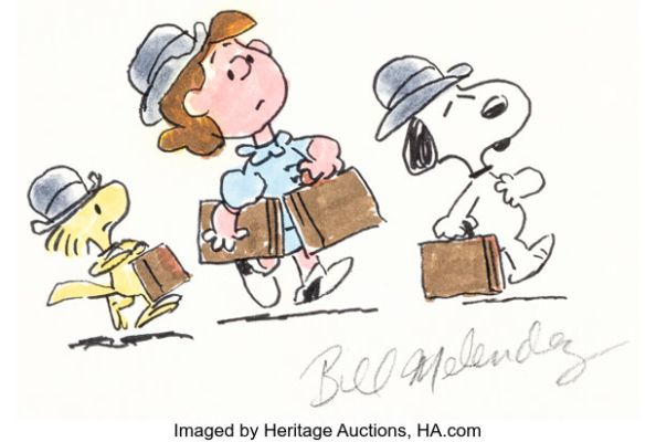 Peanuts - Original Snoopy, Lucy, and Woodstock Watercolor by Bill Melendez on 10" x 11.5" Paper Signed by the Artist (Bill Melendez, c. 2004). | Heritage