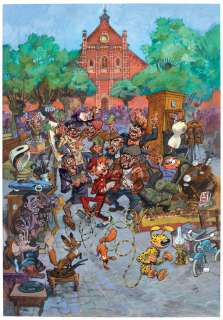 Yoann | illustration originale intitulée ?Un costume convoité?, réalisée en 2015. Variation autour de la fresque murale de Bruxelles réalisée par Yoann en 2014 - Spirou et Fantasio | Daniel Maghen