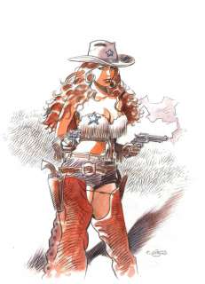 Illustration originale aquarelle et gouache - Pin-up au revolver - par Thierry Girod