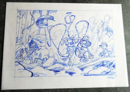 Krings, Jean-Marc | Original drawing of large size  - Spirou, Fantasio, the Marsupilami couple and the Count of Champignac. | Catawiki