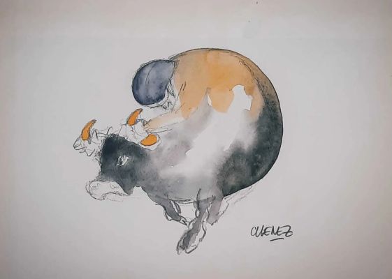 Lot 12 - Bernard Chenez, dit "Chenez" (1946) Cycliste au taureau Fusain et… | misc / divers