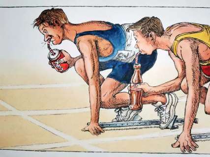 Claude Serre | LOT 62 « DOPAGE COKE » planche originale de Claude SERRE publiée dans album « la forme olympique » ed. Glénat – Rare signé (taille 29.7 x 21 cm) plume encre et aquarelle | Serre