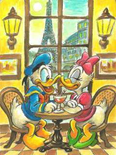 Joan Vizcarra - Donald and Daisy in Love at a Paris Bistro - Original Painting - Hand Signed | Catawiki