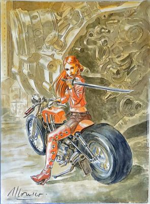 Moreno, Marc - 1 Original colour drawing - Femme guerrière avec moto