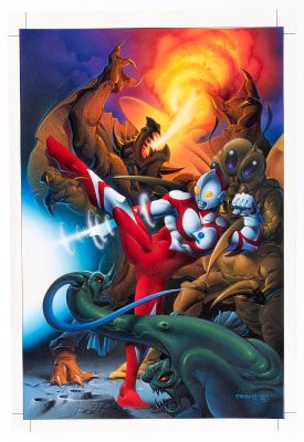 Lot 62 - KEN STEACY ULTRAMAN VOL. 2 #2 COMIC BOOK COVER ORIGINAL ART PAINTING. | Hake’s