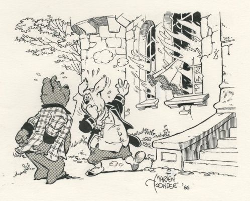 Marten Toonder - 1 Original drawing - Bommel en Tom Poes - Heer Bommel & Joost - Brand in Bommelstein! - gesigneerd (1986) | Catawiki