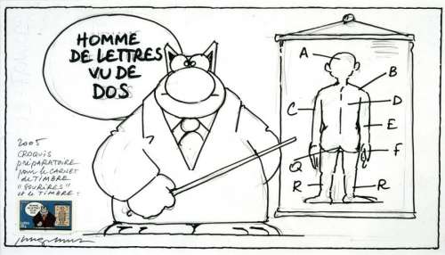 Geluck, Philippe (1954) | Homme de lettres vu de dos. Mine de plomb et feutre noir, pour ce croquis préparatoire... | Coutau Bégarie