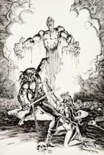 Ernie Chan Savage Sword of Conan #22 Pin-Up Illustration Original Art (Marvel, 1977). Conan defends the - | Heritage