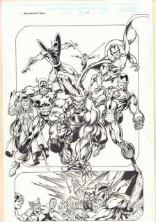 Greg Adams, Mark Bagley - Avengers two: wonder man & beast #1 p. 10 - awesome captain america, scarlet witch, beast, vision, iron man, wasp, and giant-man splash - 2000