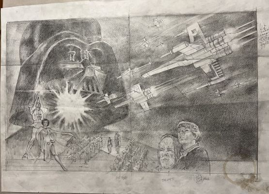 Tom Jung - Historic Very First, Very Large 1977 Star Wars Movie Poster Artwork! (Bonus Drawings on Back: Darth Vader, Luke Skywalker, Princess Leia, Jedi Starfighter!)