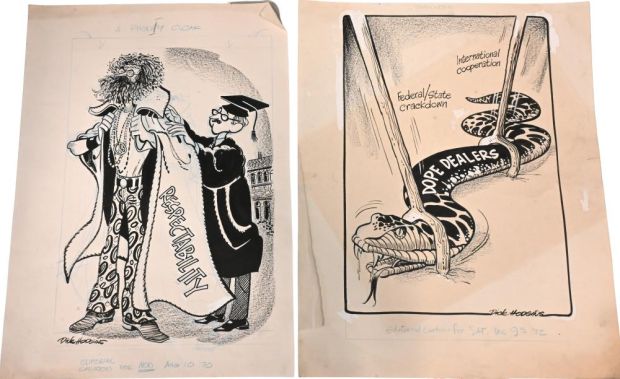 Lot 71 - 9 Dick Hodgins (American 20th Century), Original Editorial Cartoons Nine original pen and ink editorial cartoons on… | misc / divers
