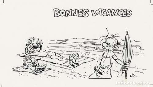 SPIROU y FANTASIO - Dibujo original por Nic Broca (c. 1989)