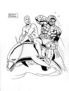 Ramona Fradon | Aquaman & Ben Grimm , the Thing Riding a Dolphin | Catskill Comics