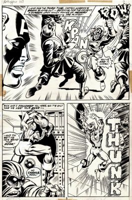 Dave Cockrum, George Tuska , Jim Starlin | Avengers #107 P 5 Semi-Splash (Starlin & Cockrum Inks! Best Cap Battle Pg in Story!) 1972 | Romitaman