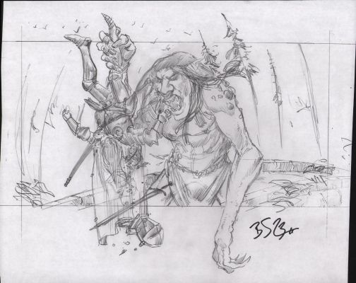 Brian Snoddy | Giant Troll Lifting Knight Full Page Pencil Art - Signed | Anthony’s Comic Book Art
