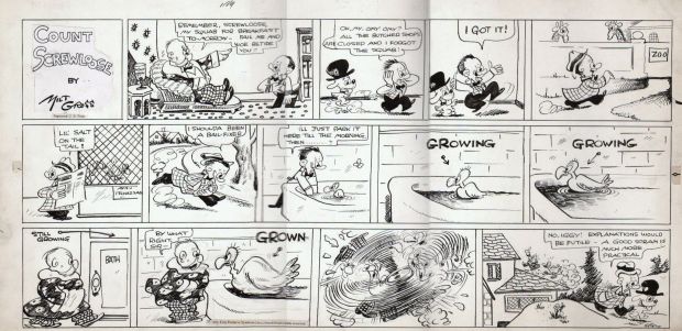 Milt Gross | Gross, Milt - Count Screwloose Sunday 10/11 1931 - Three Tiers Early Screwloose & Dog with Turkey | Cool Lines Art