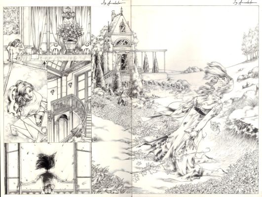 Jay Anacleto | Aria #2 P 2-3 Double Spread Splash (Superb Sexy Aria Watching Gwynnion Floating in Distress in the Sky Outside!) 1998 | Romitaman