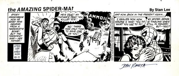 Fred Kida, John Romita Sr. - Amazing Spider-Man Daily Comic Strip (Spider-Man in All Panels Saving the Sexy Tana Mendori From a Fire! Signed By John Romita!) 10-11-82