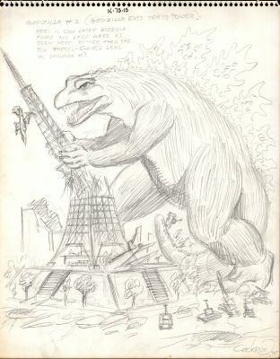 Dave Cockrum | Godzilla Final Produced Aurora Model Kit Style Guide Art! (Godzilla Destroys Eiffel Tower! (Signed - 1975) | Romitaman