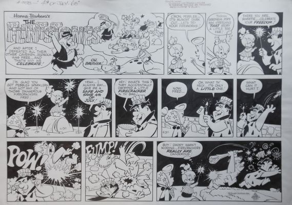 Gene Hazelton | Hazelton, Gene - Flintstones Sunday 6/30 1968 Fred, Wilma, Pebbles, Dino Celebrate Fourth of July | Cool Lines Art