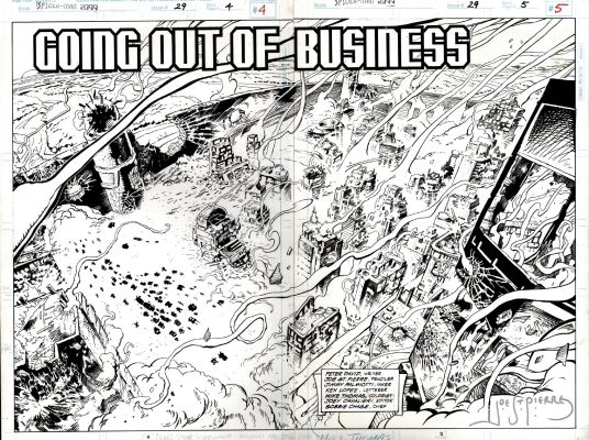 Jimmy Palmiotti, Joe St. Pierre | Spider-Man 2099 #29 P 4-5 Double Spread Splash (Jimmy Palmiotti Inks! Entire City Detailed Destruction!) 1994 | Romitaman