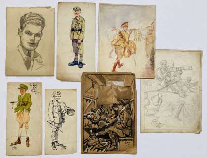 Six WWI painted and b+w sketches by Eric Parker, four signed with an Eric… | Comic Book Auctions ltd