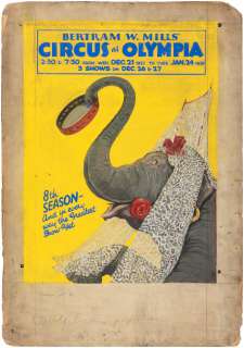 BERTRAM MILLS’ CIRCUS AT OLYMPIA CIRCUS POSTER ORIGINAL ART WITH PERFORMING ELEPHANT. | Hake’s