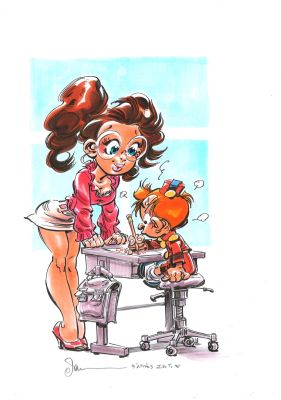 Lot 45 - DAN VERLINDEN né en 1972. Mademoiselle chiffre et petit spirou qui écrit. Aquarelle et feutre. | HVMC