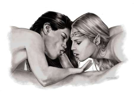 Cuentos Medievales-Orgies Barbares - Original, signed illustration (pencils) - "In company of Elves"  - Page volante - (2019) | Catawiki